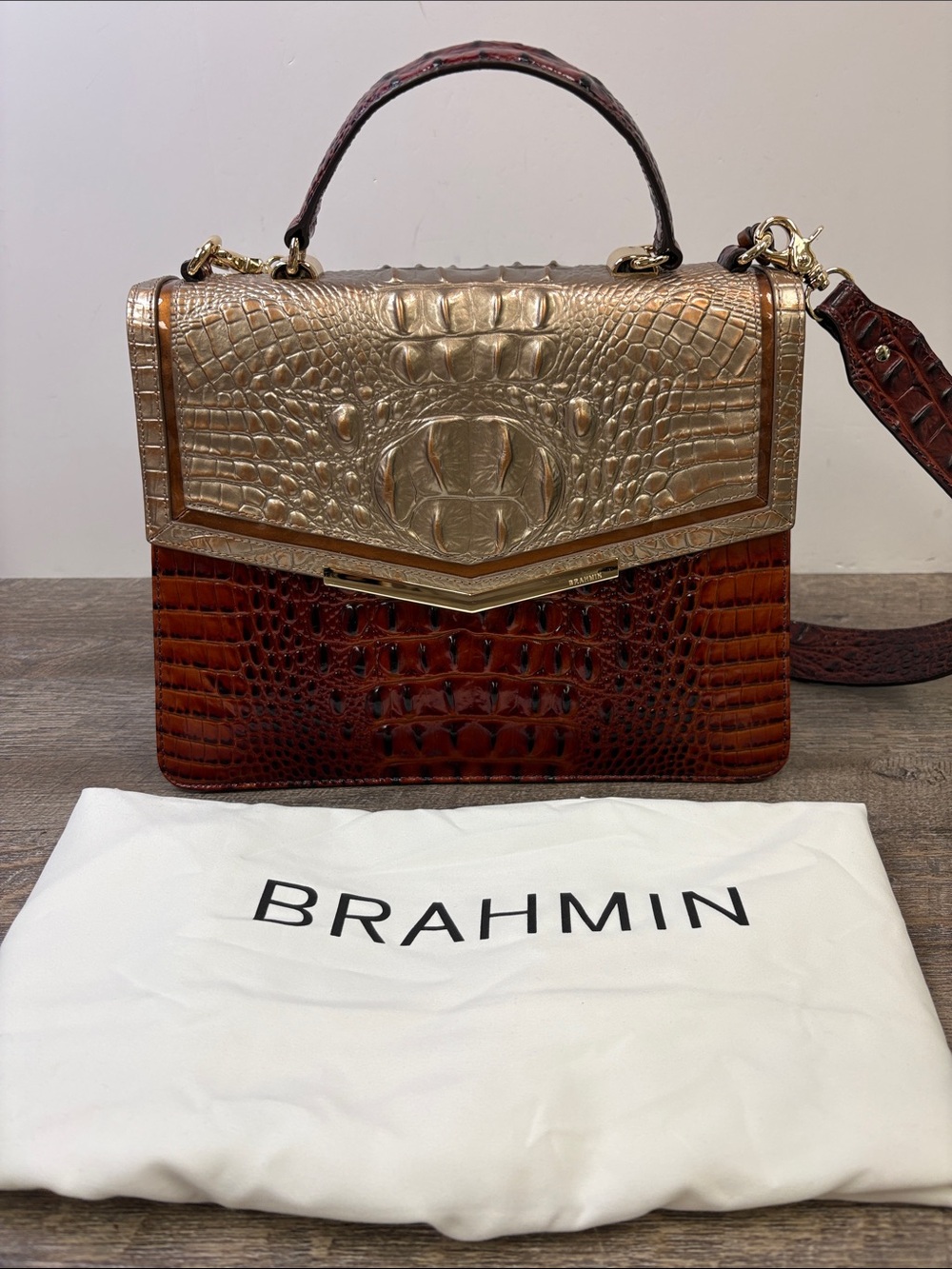 Brahmin Melbourne Top Handle Satchel Crossbody Cognac Gold Croc Embossed Leather